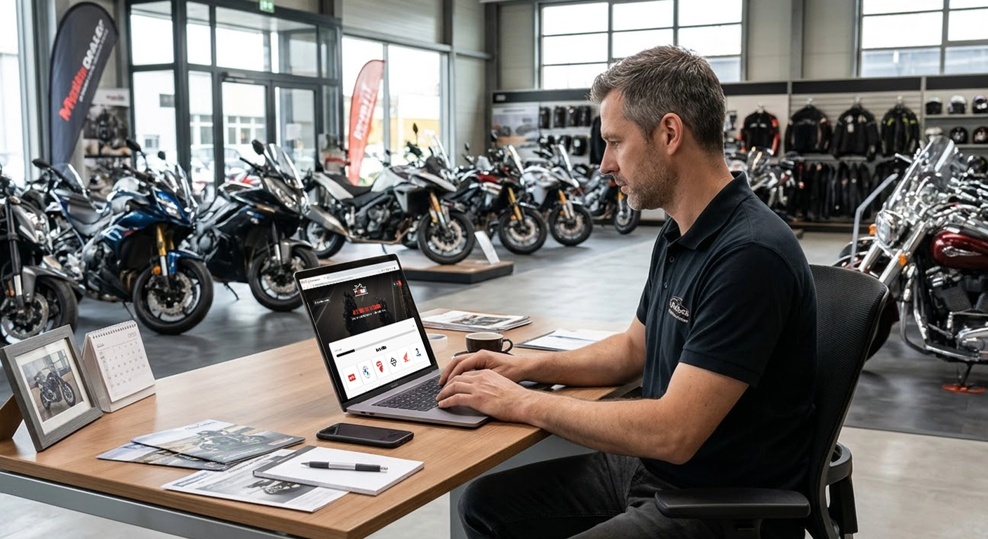 Ein Mann im dunklen Poloshirt sitzt an einem Holzschreibtisch in einem Motorrad-Verkaufsraum und tippt auf einem Laptop, auf dem die Website MyBikeDealer geöffnet ist. Im Hintergrund stehen verschiedene Motorräder aufgetreiht.